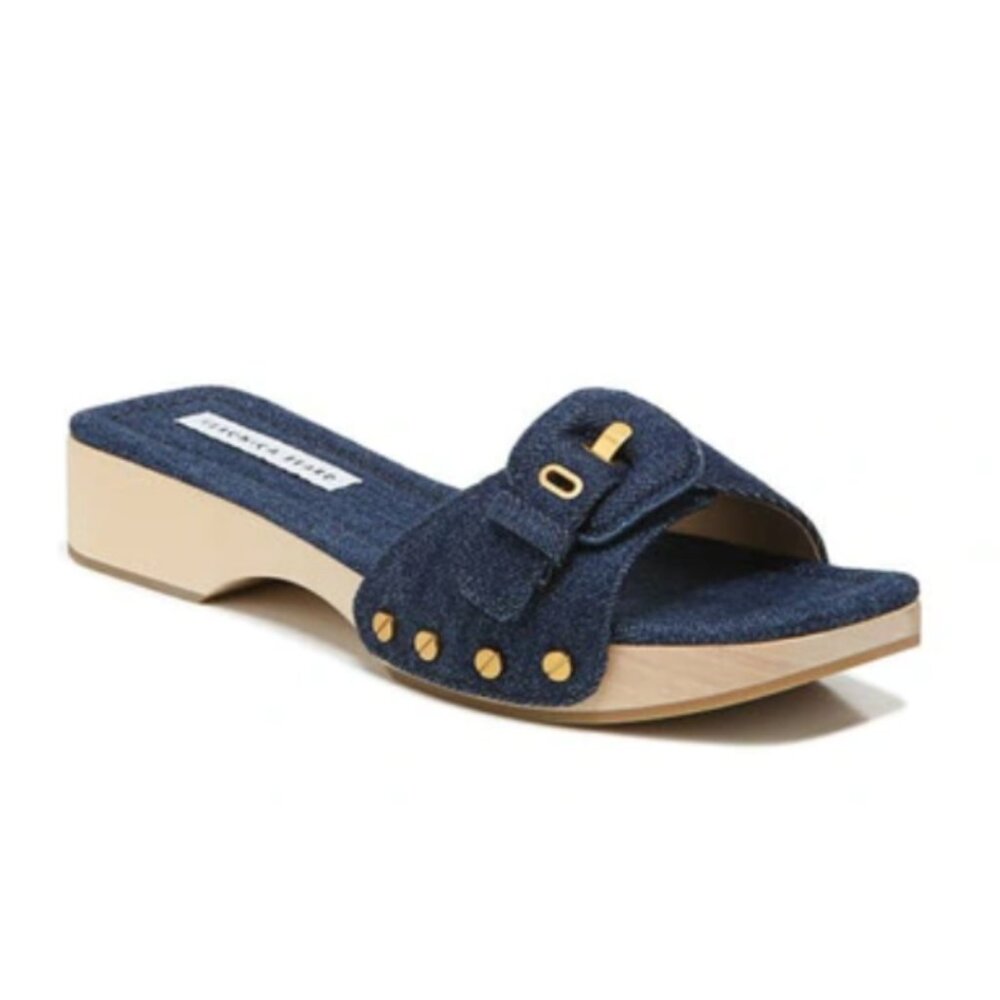 New NWOT Veronica Beard Davina Denim Wooden Heel Clog Sandals Eclipse 6M $330